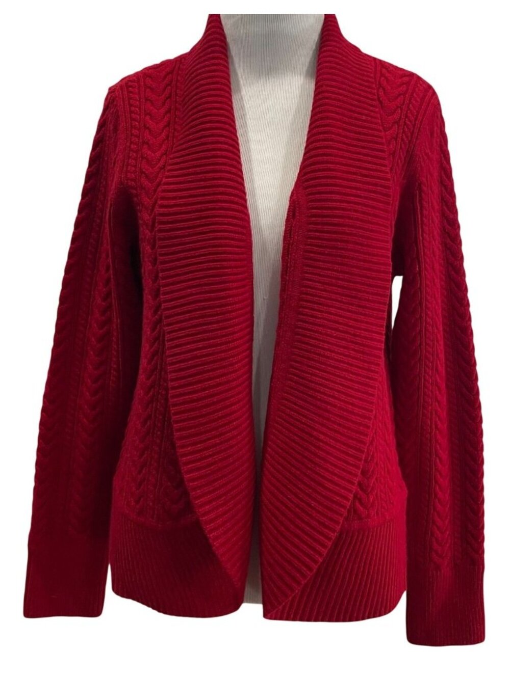 Talbots Wool Blend Cardigan Sweater PL Red Open Front Cable Knit Vibrant Holiday